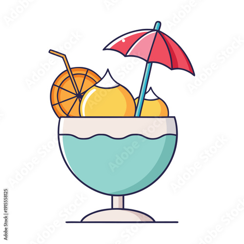 Colorful Beach Cocktail Illustration with Umbrella and Summer Fruit Drink in Glass