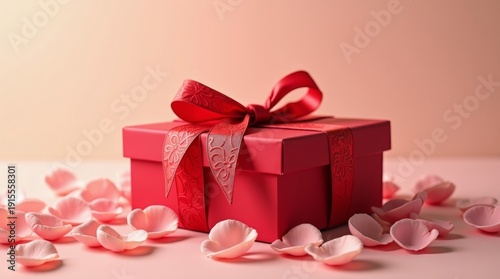 Red Gift Box with Ribbon on Soft Background 