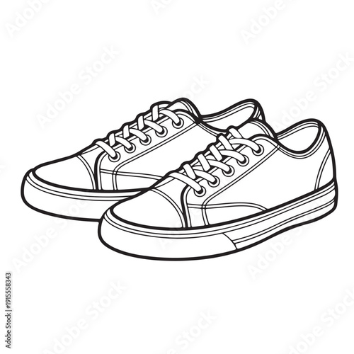 Pair of casual sneakers outline vector illustration of classic low top canvas shoes sketch icon on transparent background for fashion design