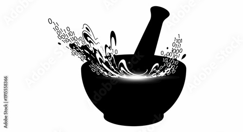 Mortar and pestle dissolving into digital data streams, symbolizing science and innovation.