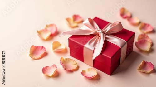 Red Gift Box with Ribbon on Soft Background 