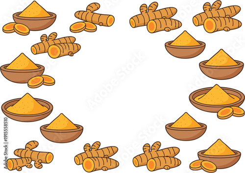 Turmeric powder in wooden bowl with fresh turmeric root flat vector spice ingredient collection for cooking and herbal product design