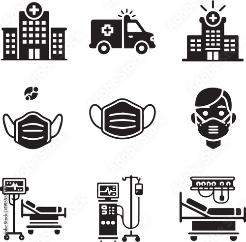 Medical icons and silhouette hospital symbols