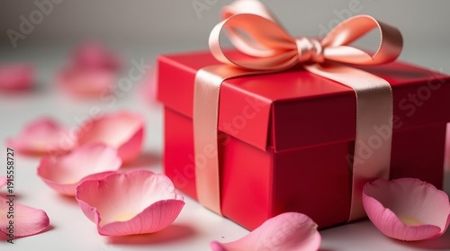 Red Gift Box with Ribbon on Soft Background 