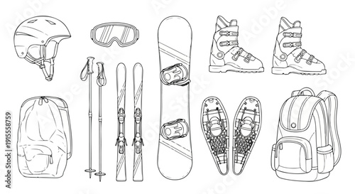 Winter sports equipment including skis, snowboard, and backpacks Vector