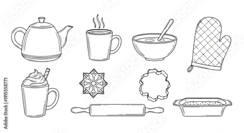 A collection of various kitchen utensils and appliances in a line-up Vector