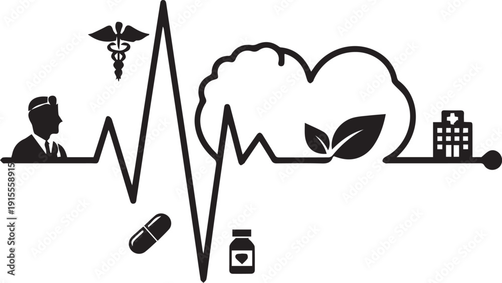 Fototapeta premium Medical silhouette illustration with cityscape and nature elements