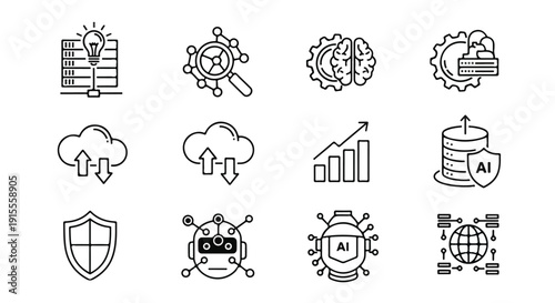 Illustrations depicting various aspects of technology and artificial intelligence Vector
