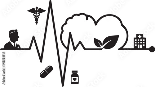 Medical silhouette illustration with cityscape and nature elements