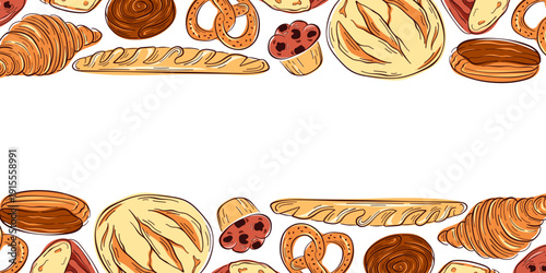 Pattern with flat style bakery product, bread, croissant, baguette and pretzel. Illustration background for bakery packaging, menu, textile and cafe design.