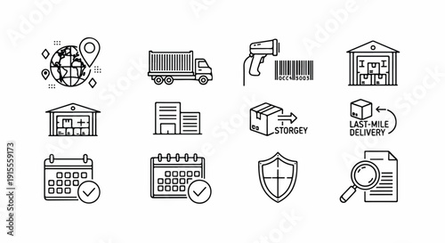 Icons representing various aspects of logistics and supply chain management Vector