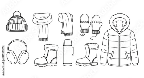 Winter clothing and accessories for staying warm in cold weather conditions Vector