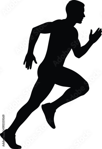 Black silhouette of athletic man running in stride representing speed, fitness, sports training, and physical motivation