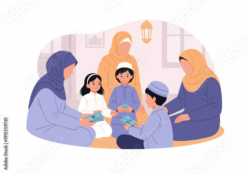 Muslim family gathering and sharing money traditional Eid celebration