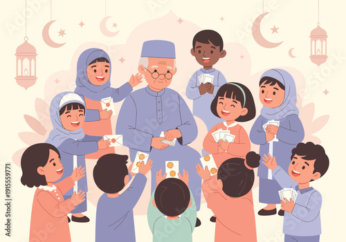Elderly Muslim man giving Eidi money to children illustration