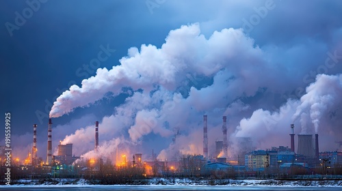 Industrial Landscape with Smoke Emissions from Chimneys at Dusk Under Cloudy Sky
