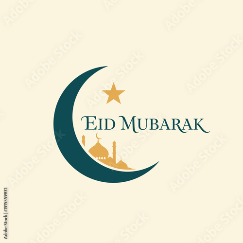 Elegant Eid Mubarak logo with golden mosque and crescent moon