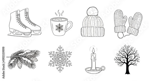 Winter scene with various objects and nature elements Vector