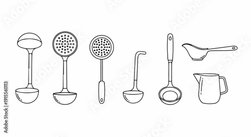 Assorted kitchen utensils and tools displayed in a row Vector