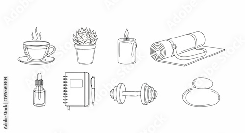 A variety of everyday items including a teacup, plant, and dumbbells. Vector