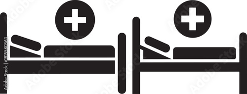 Two hospital beds with medical crosses, symbolizing healthcare, patient care, and recovery. Simple icon set on white.