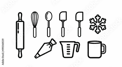 A variety of kitchen tools and ingredients for baking and cooking. Vector