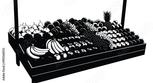 A black and white illustration of a fruit display in a market stall