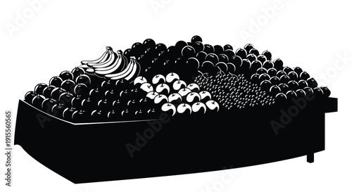 A black and white illustration of a fruit display with apples bananas and oranges