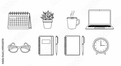 A collection of various objects including stationery, plants, and electronics. Vector