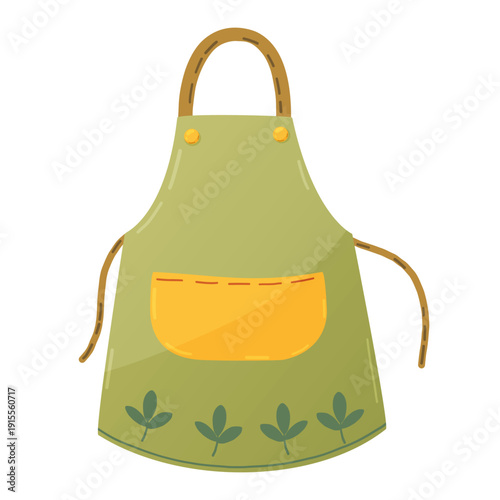 Green gardening apron with yellow pocket and leaf ornament vector
