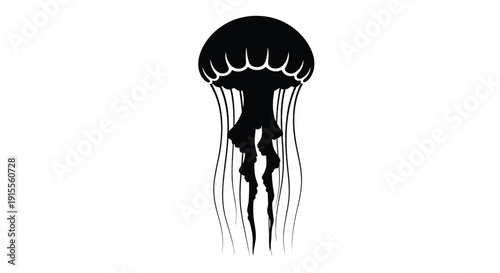 A striking black silhouette of a jellyfish against a white background