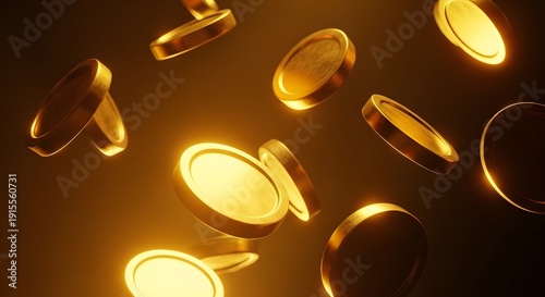 Glowing golden coins floating and spinning in dark space close up view with bright warm light reflections and shiny metallic texture in high detail 3d render