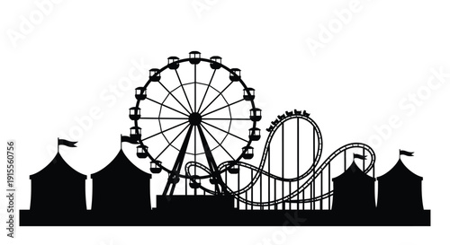 Black silhouette of an amusement park with a ferris wheel and roller coaster