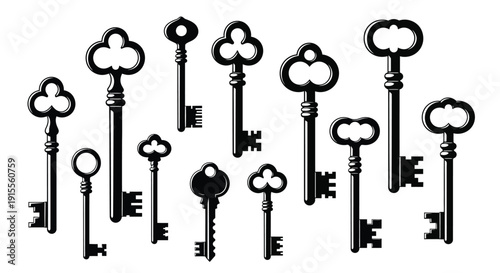 Collection of antique keys in a black and white illustrative style