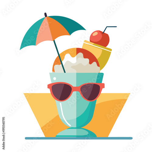 colorful summer beach vacation illustration with sun sea sand umbrella sunglasses and happy people enjoying holiday fun