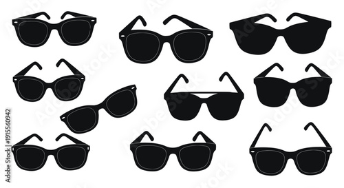 Collection of various black sunglasses silhouettes arranged on a white background