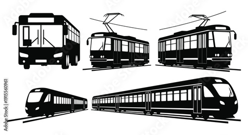 Black and white illustration of various public transportation vehicles