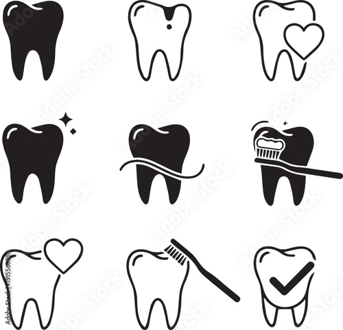 Dental health icons featuring silhouette teeth with various treatments and symbols