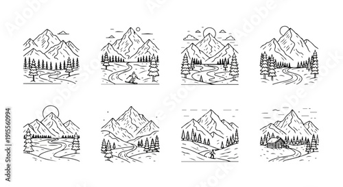 Eight distinct black and white illustrations of mountains and landscapes Vector