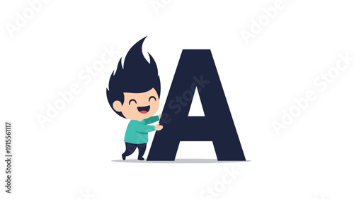 Cute cartoon boy happily hugging the giant letter A, a charming and playful illustration for children's learning and education.