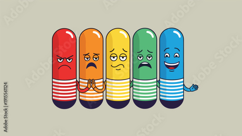 Five colorful capsule characters showing a range of emotions from angry to happy, an illustration representing mood, feelings, and feedback.