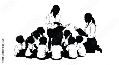 A teacher reads to a group of children sitting in a circle