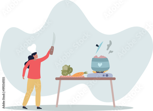 A woman in a chef's hat is cooking soup. A character with a knife is near a boiling pot and fresh vegetables.