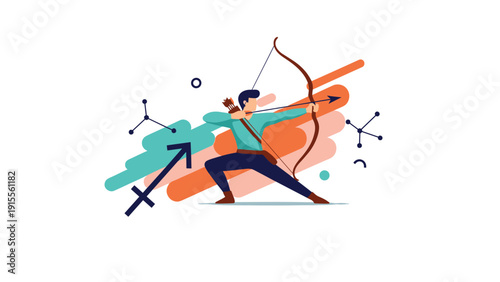 Dynamic illustration of the Sagittarius zodiac sign, featuring a male archer aiming a bow and arrow with abstract shapes.
