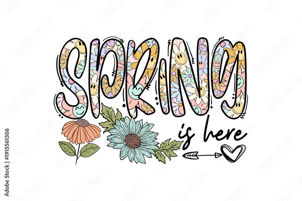 Fototapeta premium Spring is here text with flowers and smiley face pattern isolated on transparent background