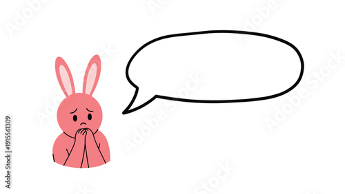 A worried or pleading pink cartoon rabbit with clasped hands looking sad, with a blank speech bubble for custom text.