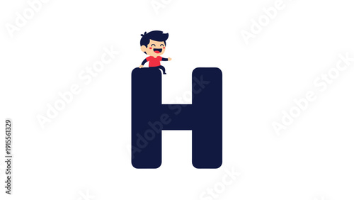 Cute and simple educational illustration for children featuring a small cartoon boy sitting happily on the capital letter H.