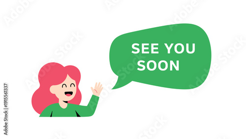 Cheerful cartoon girl with pink hair waving goodbye with a friendly 'See You Soon' message in a green speech bubble.