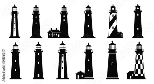 Collection of diverse lighthouse silhouettes arranged in a grid pattern