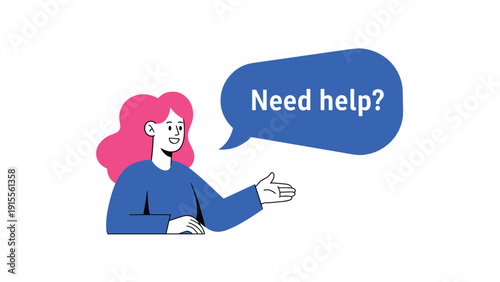 Friendly cartoon woman with pink hair offering assistance, with the question 'Need help?' in a blue speech bubble.